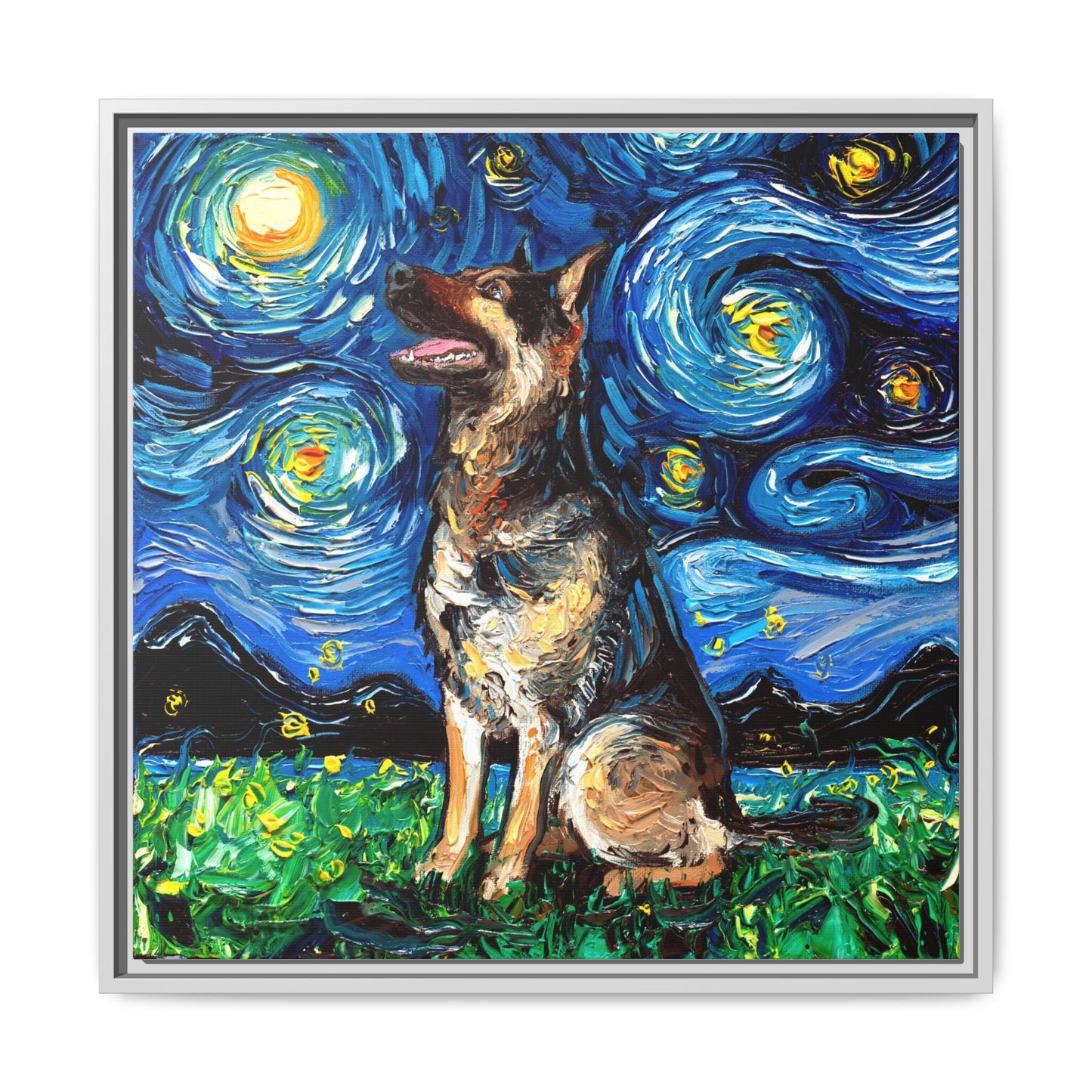 "German Shepherd Night" Framed Canvas Wall Art