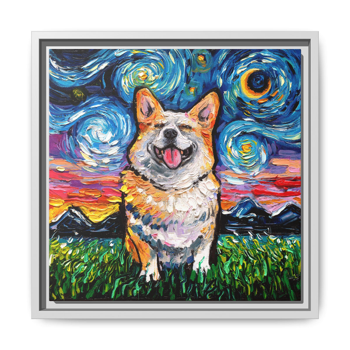 "Smiling Corgi Night" Framed Canvas Wall Art