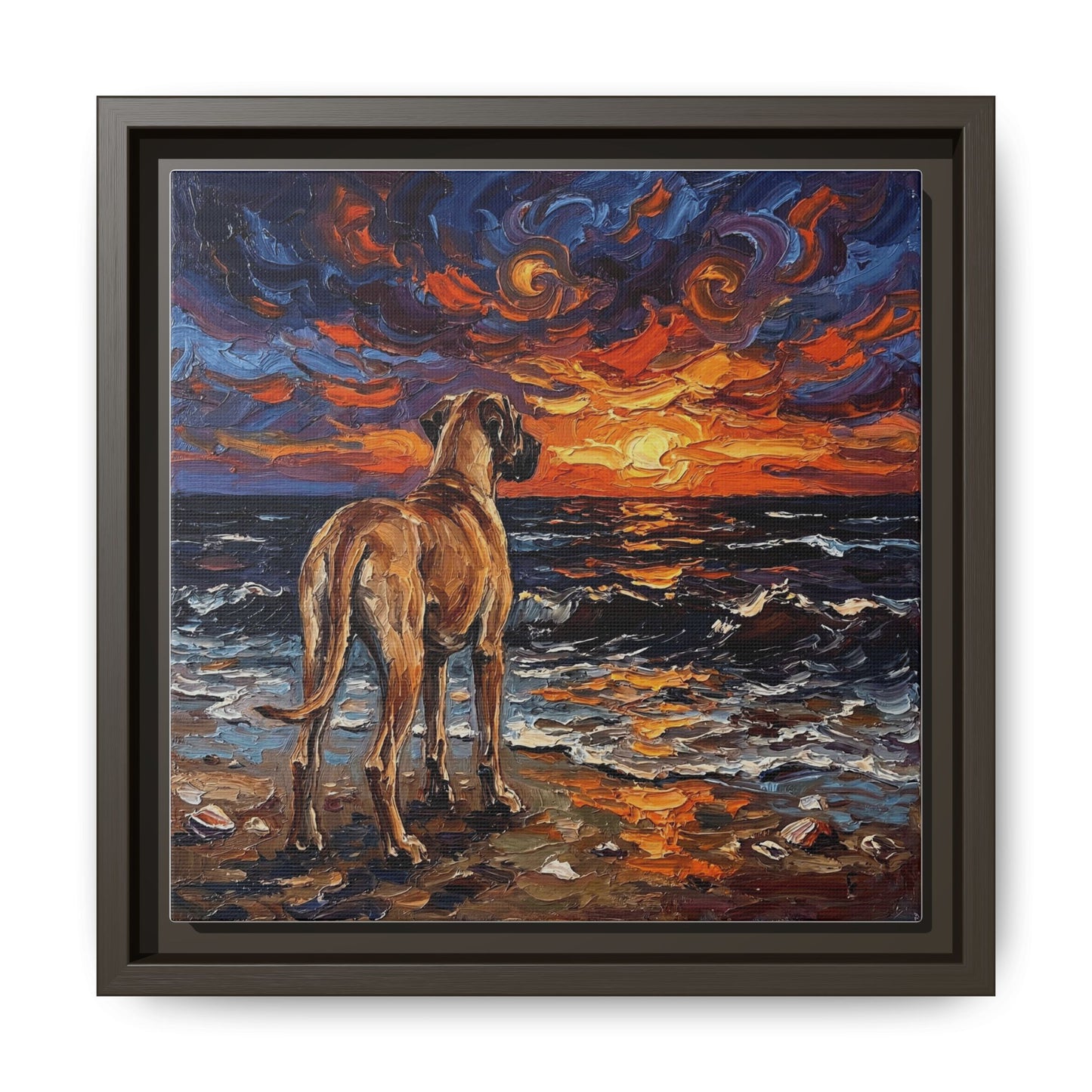 "Beach Sunset - Fawn Great Dane" Framed Canvas Wall Art