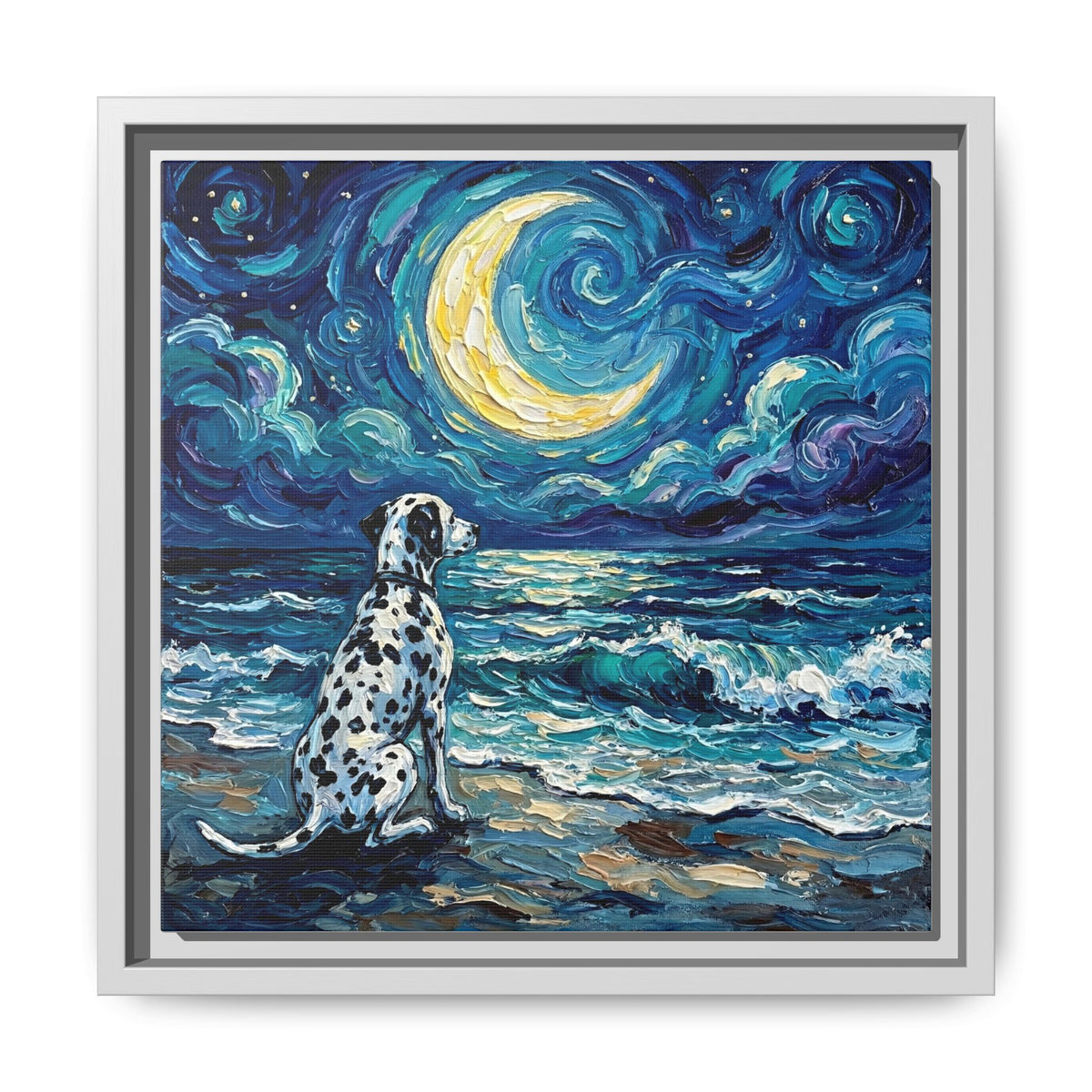 "Beach Night - Dalmatian" Framed Canvas Wall Art