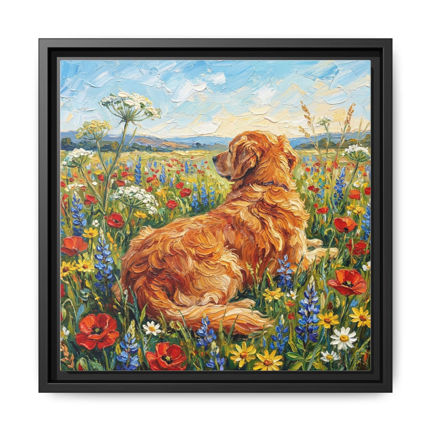 "Amongst The Flowers - Golden Retriever" Framed Canvas Wall Art