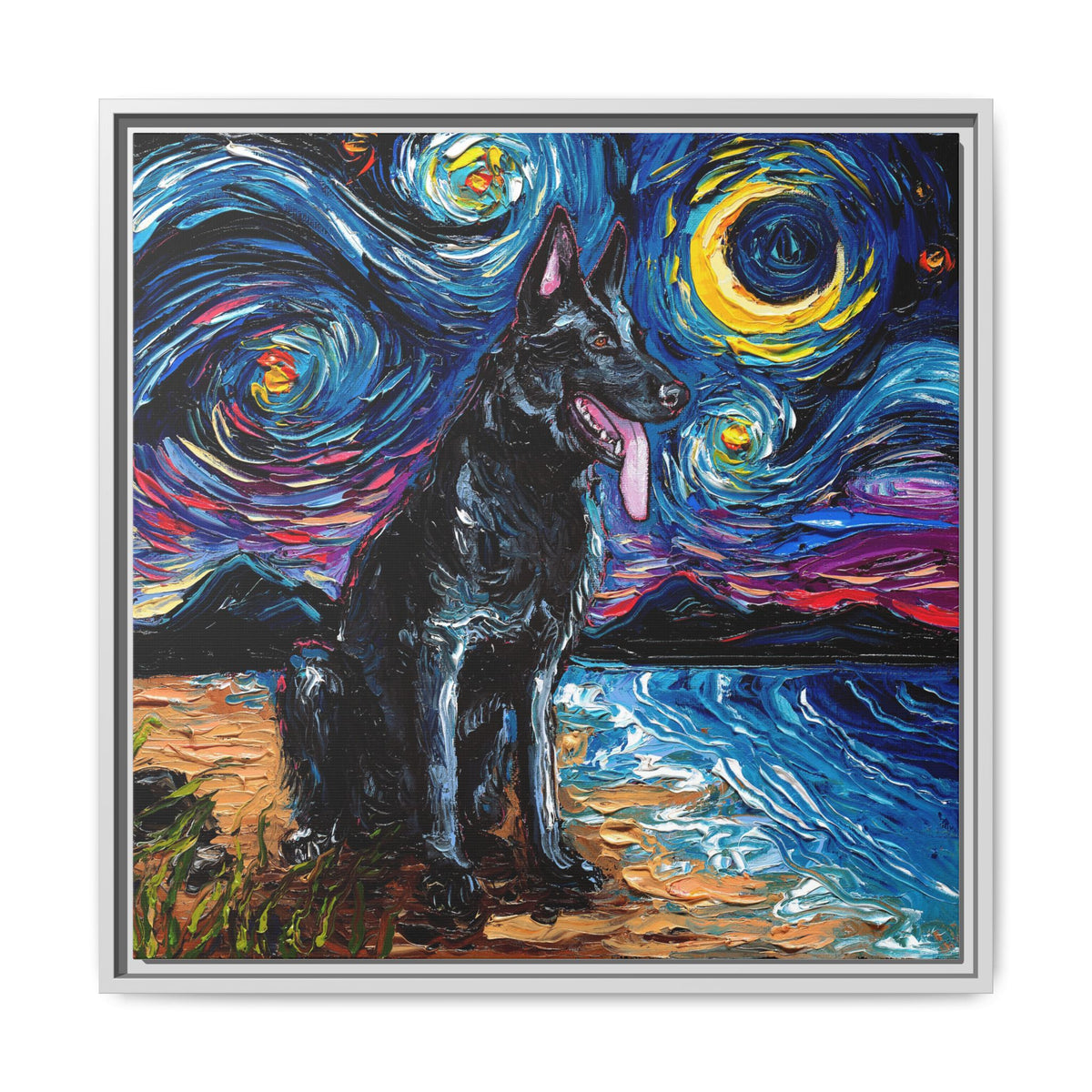"Black German Shepherd Night" Framed Canvas Wall Art