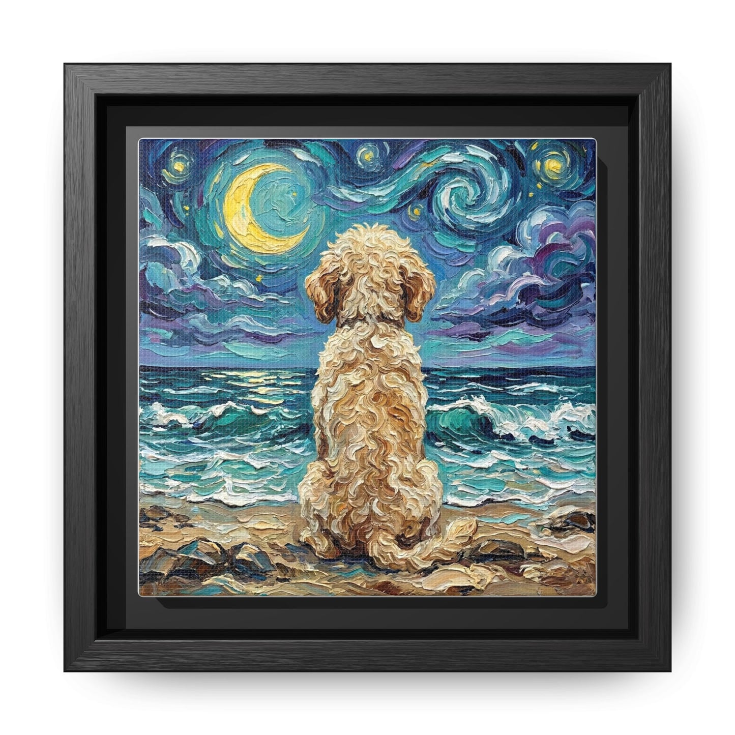 "Beach Nights - Goldendoodle" Framed Canvas Wall Art