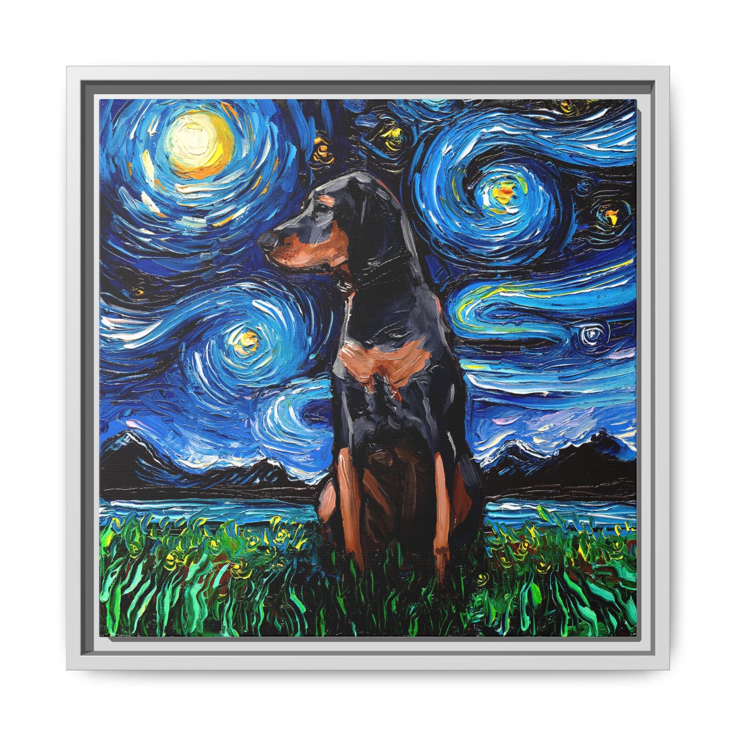 "Black and Tan Coonhound Night" Framed Canvas Wall Art