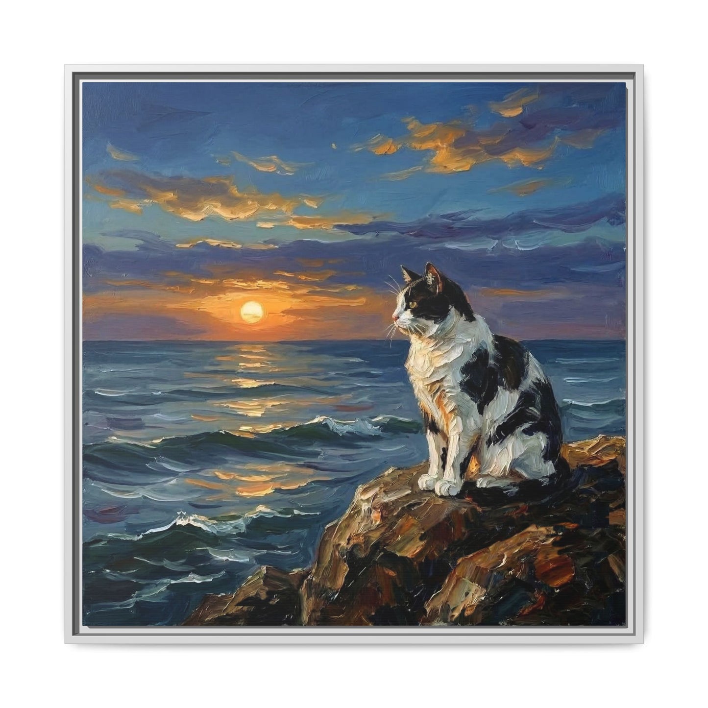 "Beach Day - Magpie Cat" Framed Canvas Wall Art