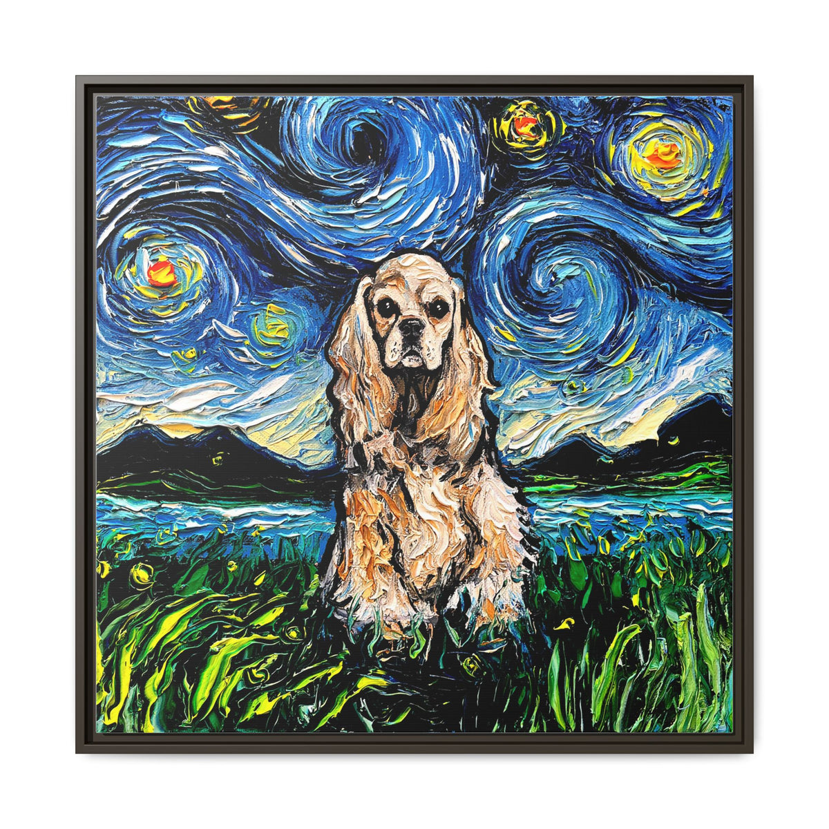 "Buff American Cocker Spaniel Night" Framed Canvas Wall Art