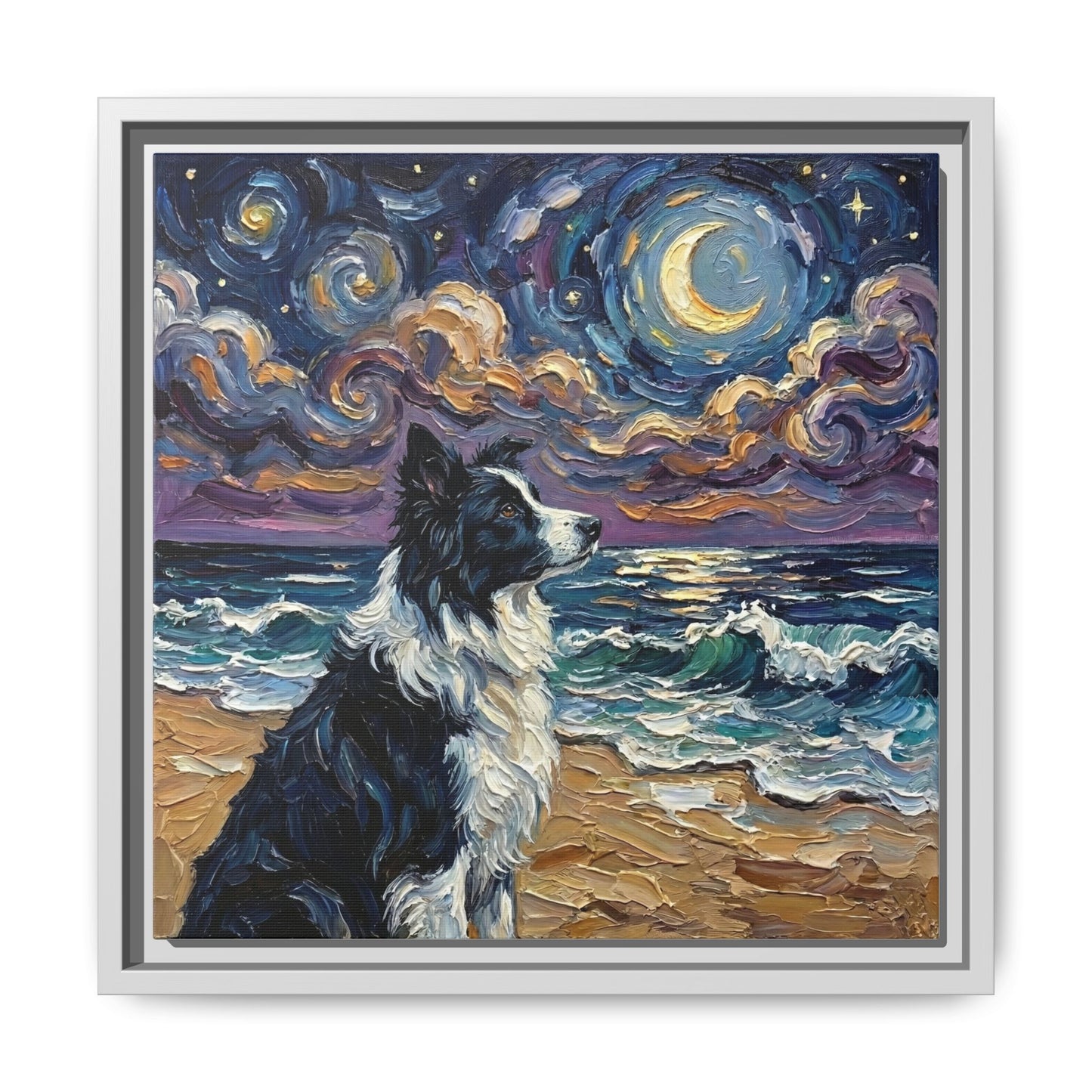 "Beach Night - Border Collie" Framed Canvas Wall Art