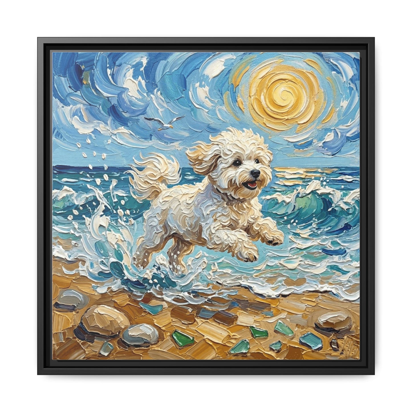 "Beach Day - Bichon Frise" Framed Canvas Wall Art