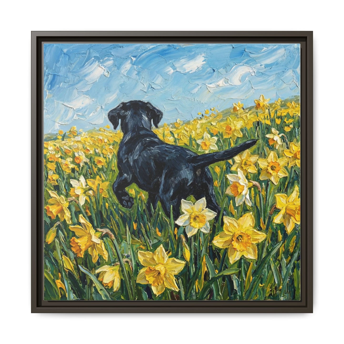 "Amongst The Flowers - Black Labrador" Framed Canvas Wall Art