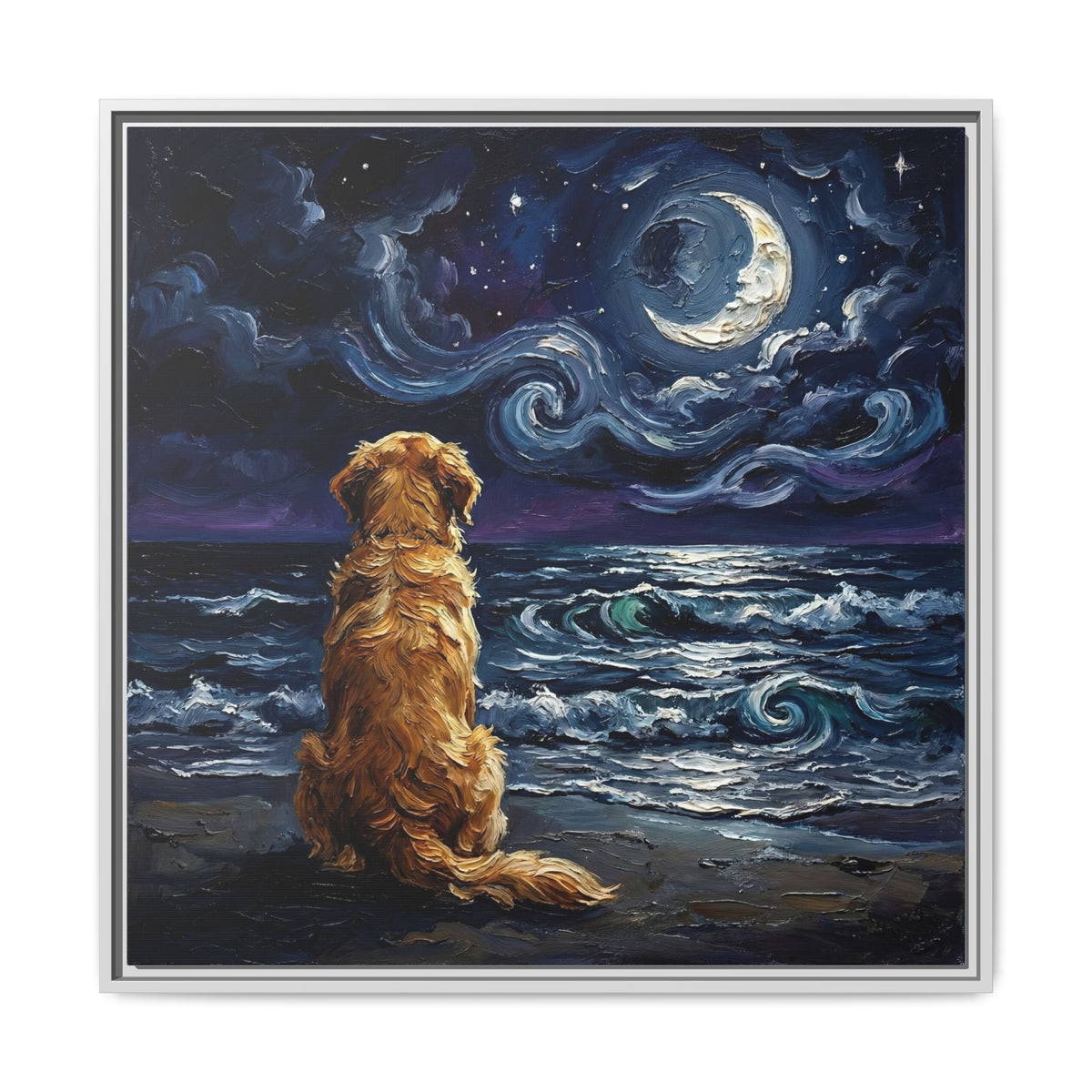 "Beach Night - Golden Retriever" Framed Canvas Wall Art