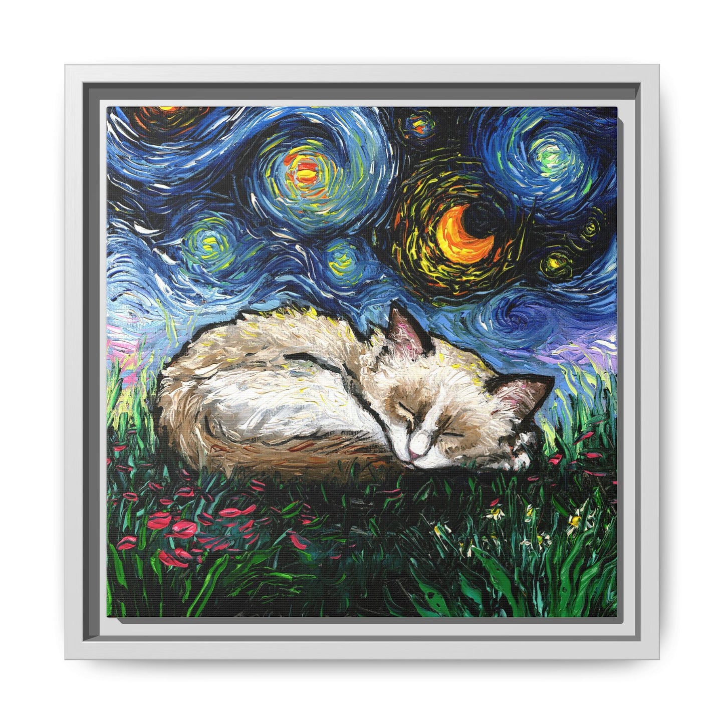 "Sleepy Ragdoll Kitten Night" Framed Canvas Wall Art