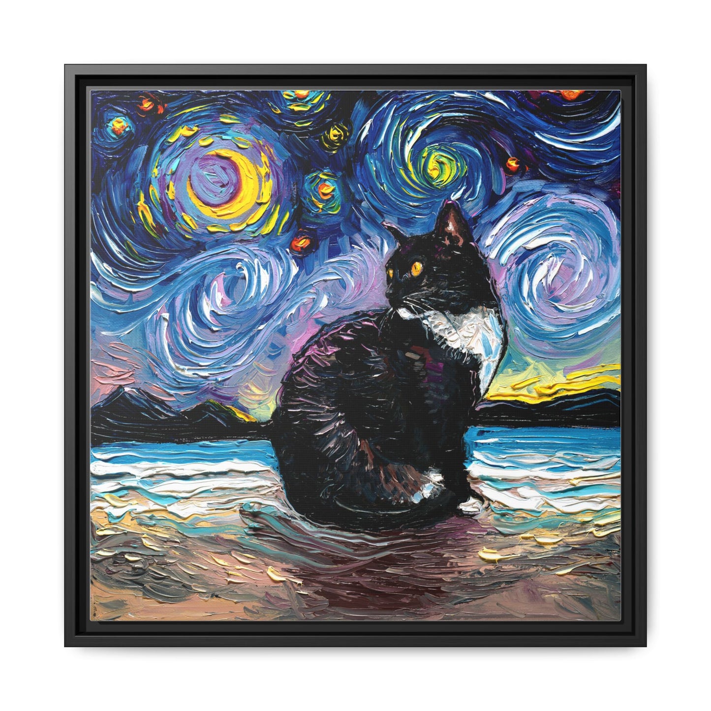 "Tuxedo Cat Night 2" Framed Canvas Wall Art