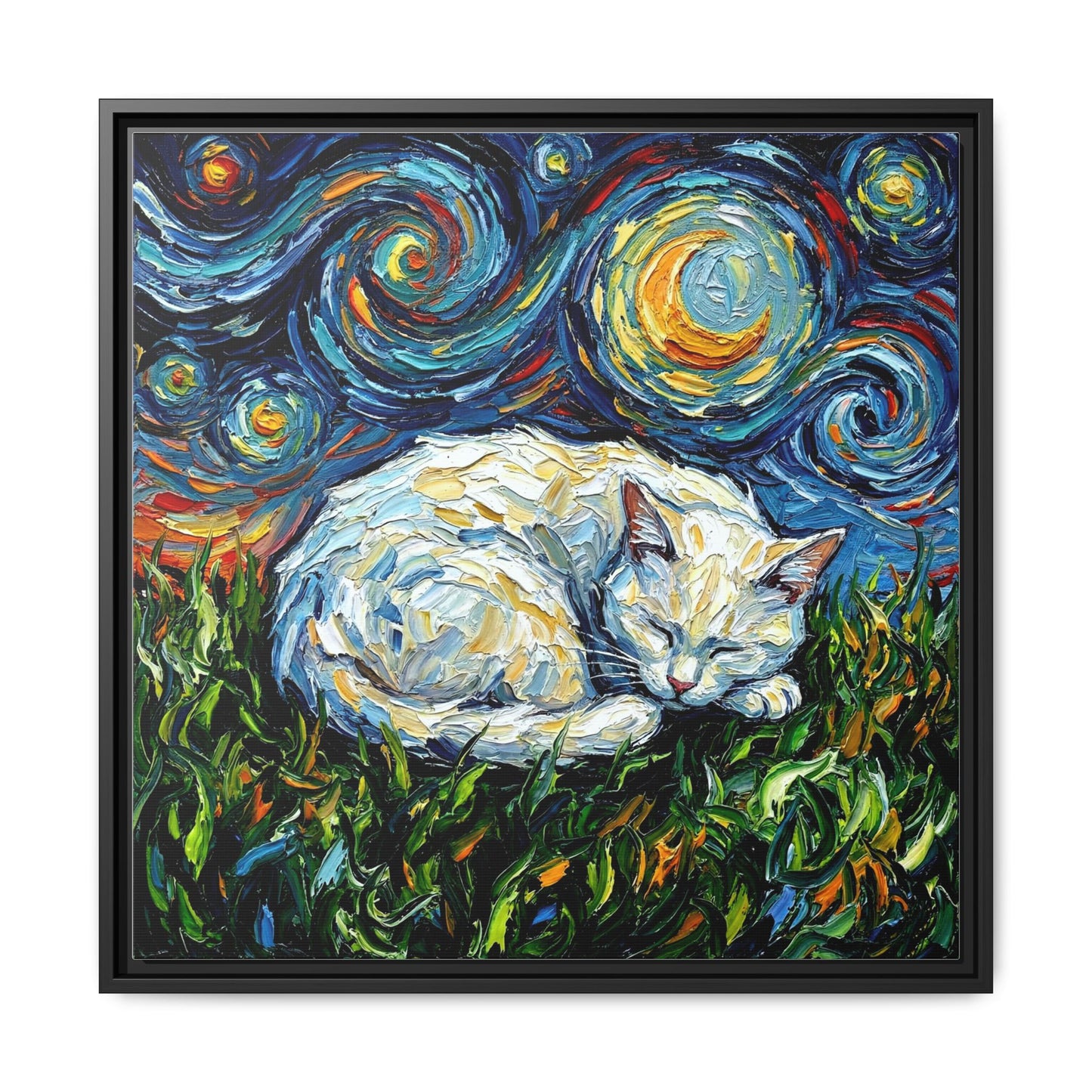 "Sleepy White Cat Night" Framed Canvas Wall Art