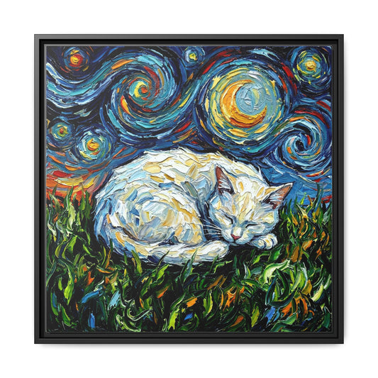 "Sleepy White Cat Night" Framed Canvas Wall Art