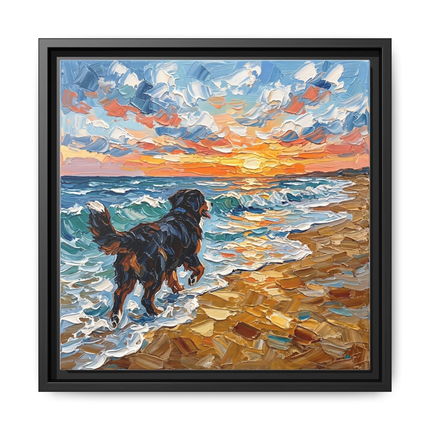 "Beach Day - Frolicking Bernese Mountain Dog" Framed Canvas Wall Art