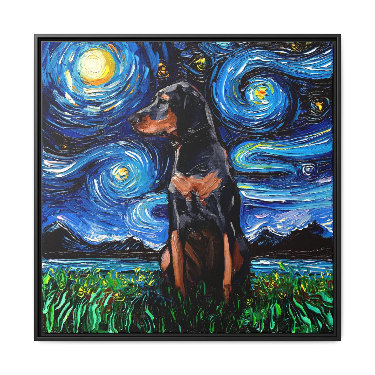 "Black and Tan Coonhound Night" Framed Canvas Wall Art