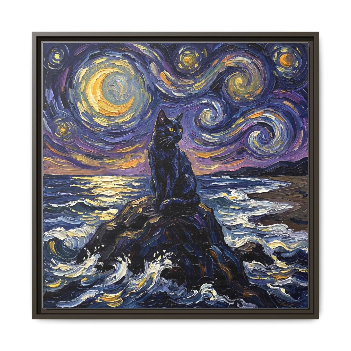 "Beach Night - Black Cat" Framed Canvas Wall Art