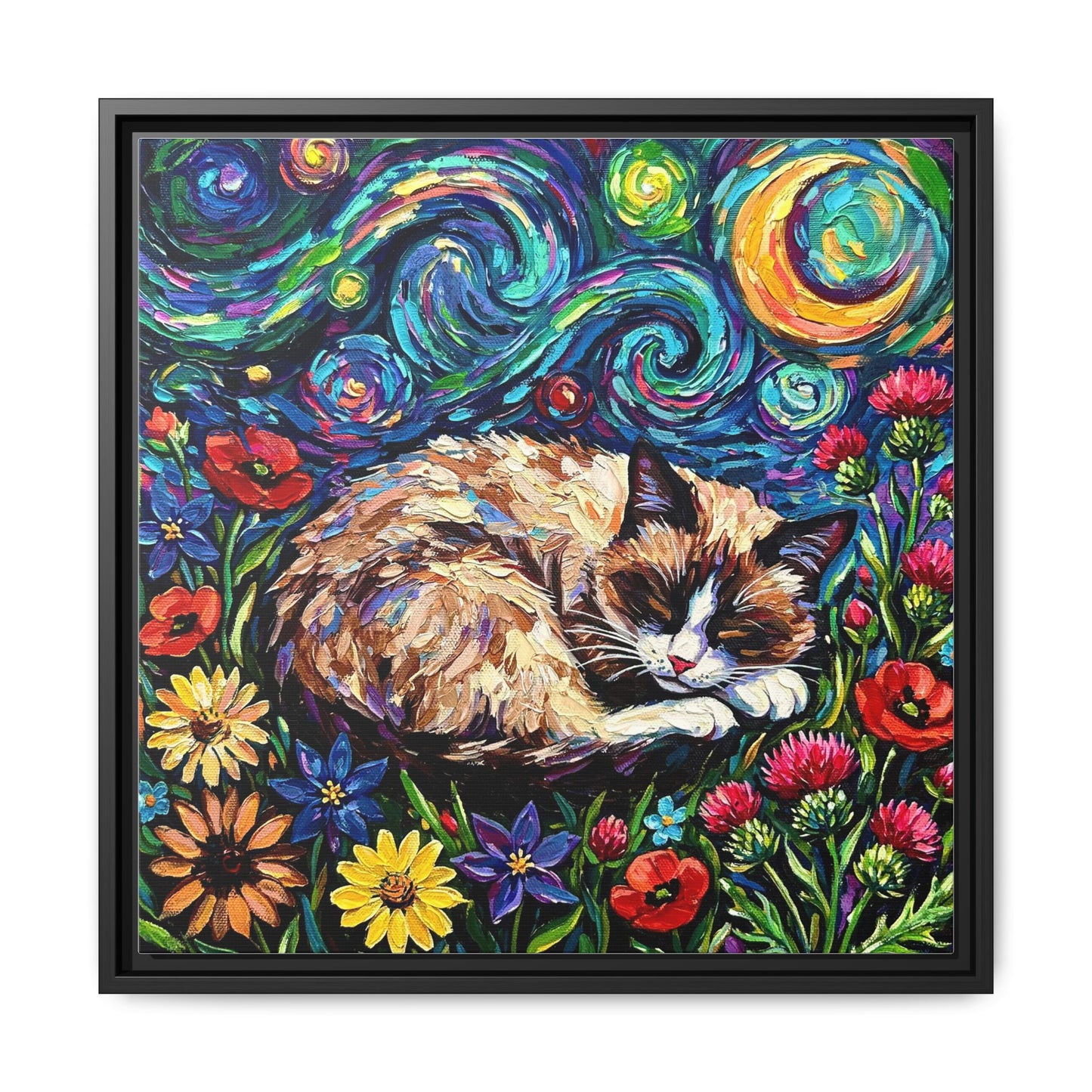 "Sleepy Snowshoe Cat Night" Framed Canvas Wall Art