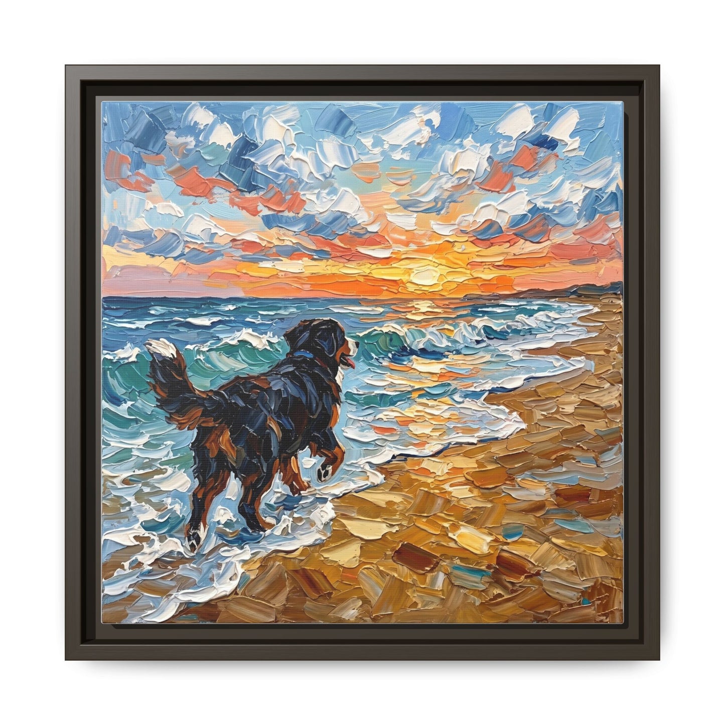 "Beach Day - Frolicking Bernese Mountain Dog" Framed Canvas Wall Art