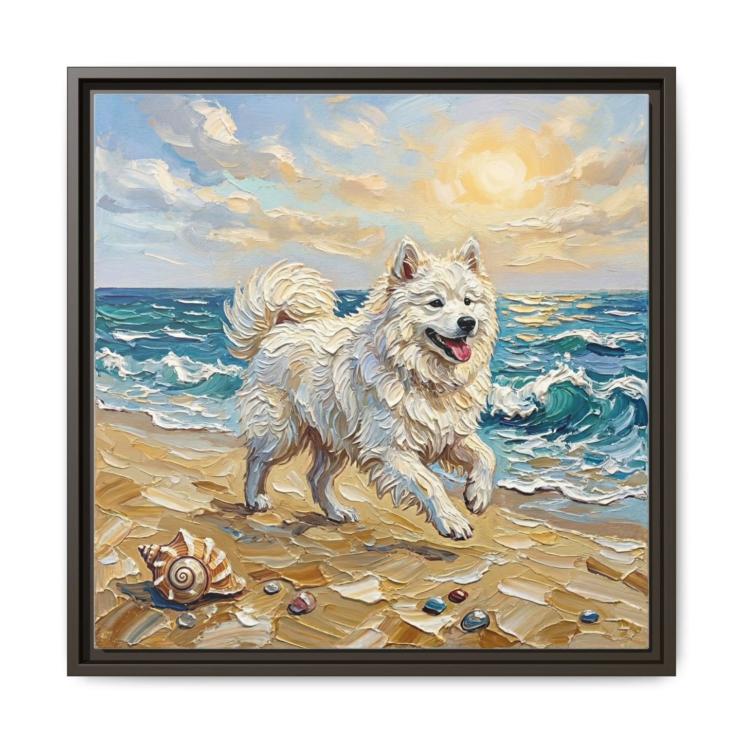 "Beach Day - Samoyed" Framed Canvas Wall Art