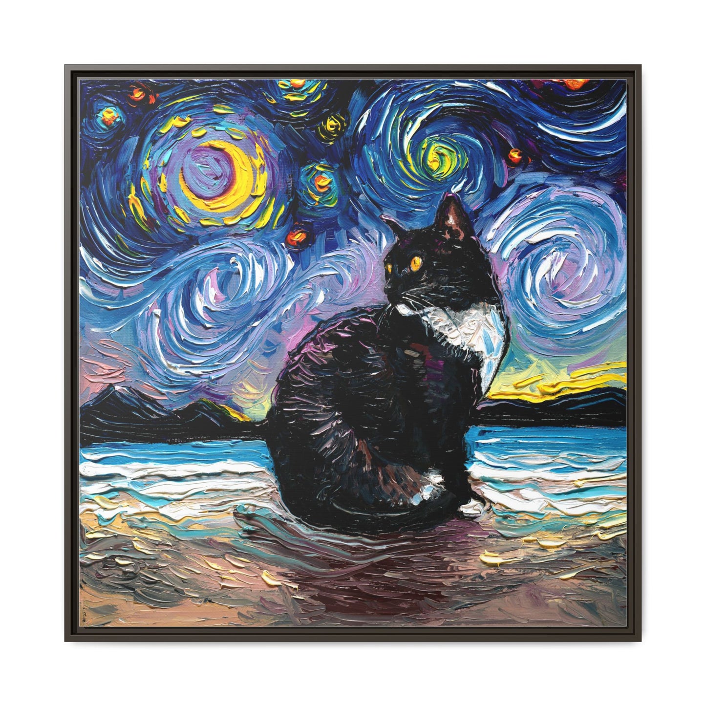 "Tuxedo Cat Night 2" Framed Canvas Wall Art