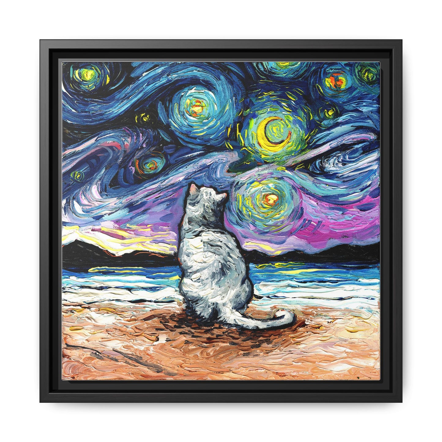 "White Cat Night 2" Framed Canvas Wall Art