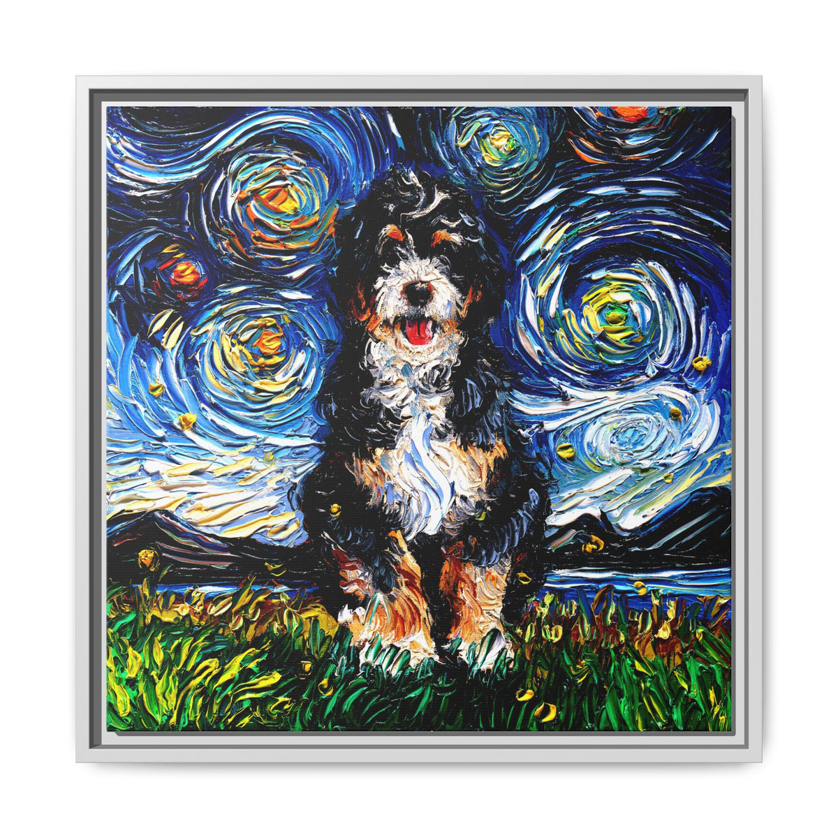 "Bernedoodle Night" Framed Canvas Wall Art
