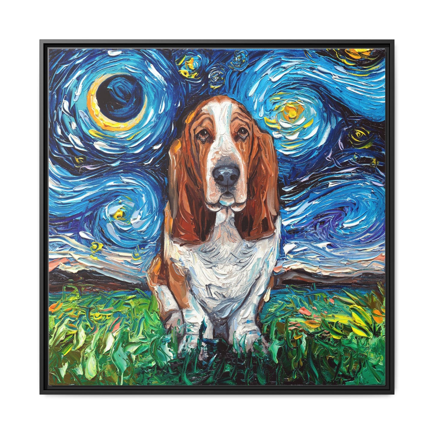 "Basset Hound Night" Framed Canvas Wall Art