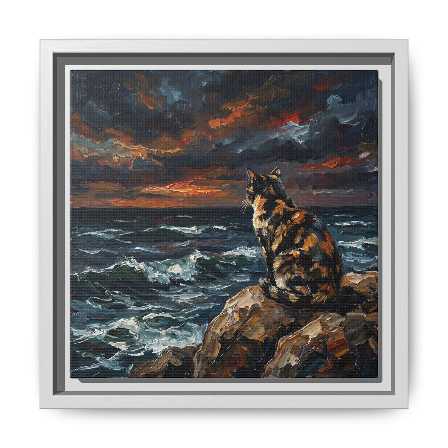 "Beach Night - Tortie Cat" Framed Canvas Wall Art