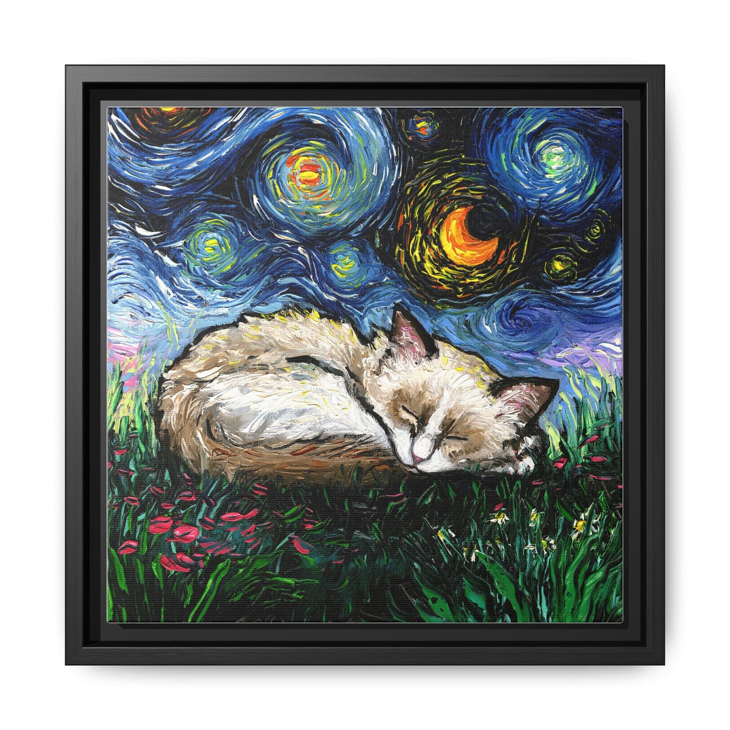 "Sleepy Ragdoll Kitten Night" Framed Canvas Wall Art