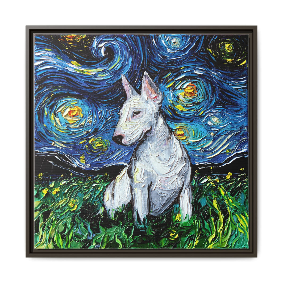 "Bull Terrier Night" Framed Canvas Wall Art