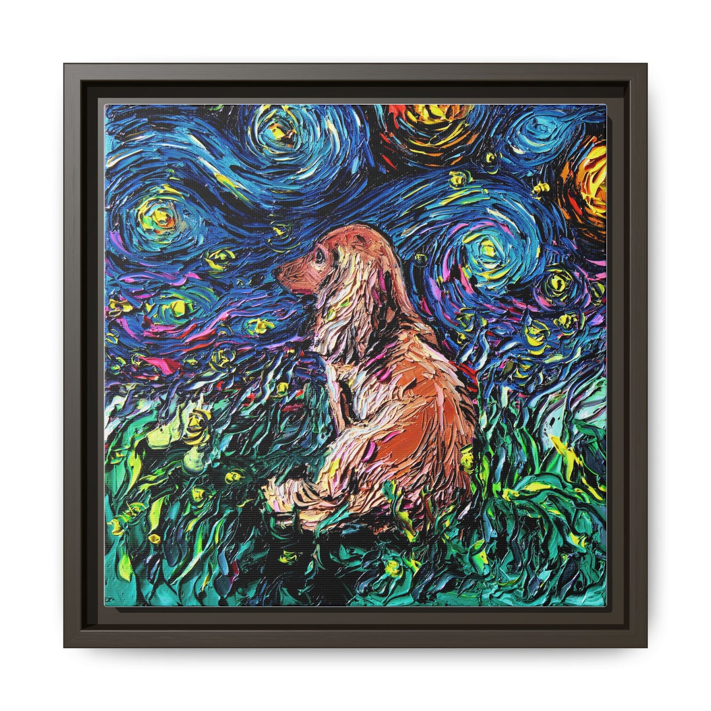 "Long Haired Brown Dachshund Night" Framed Canvas Wall Art