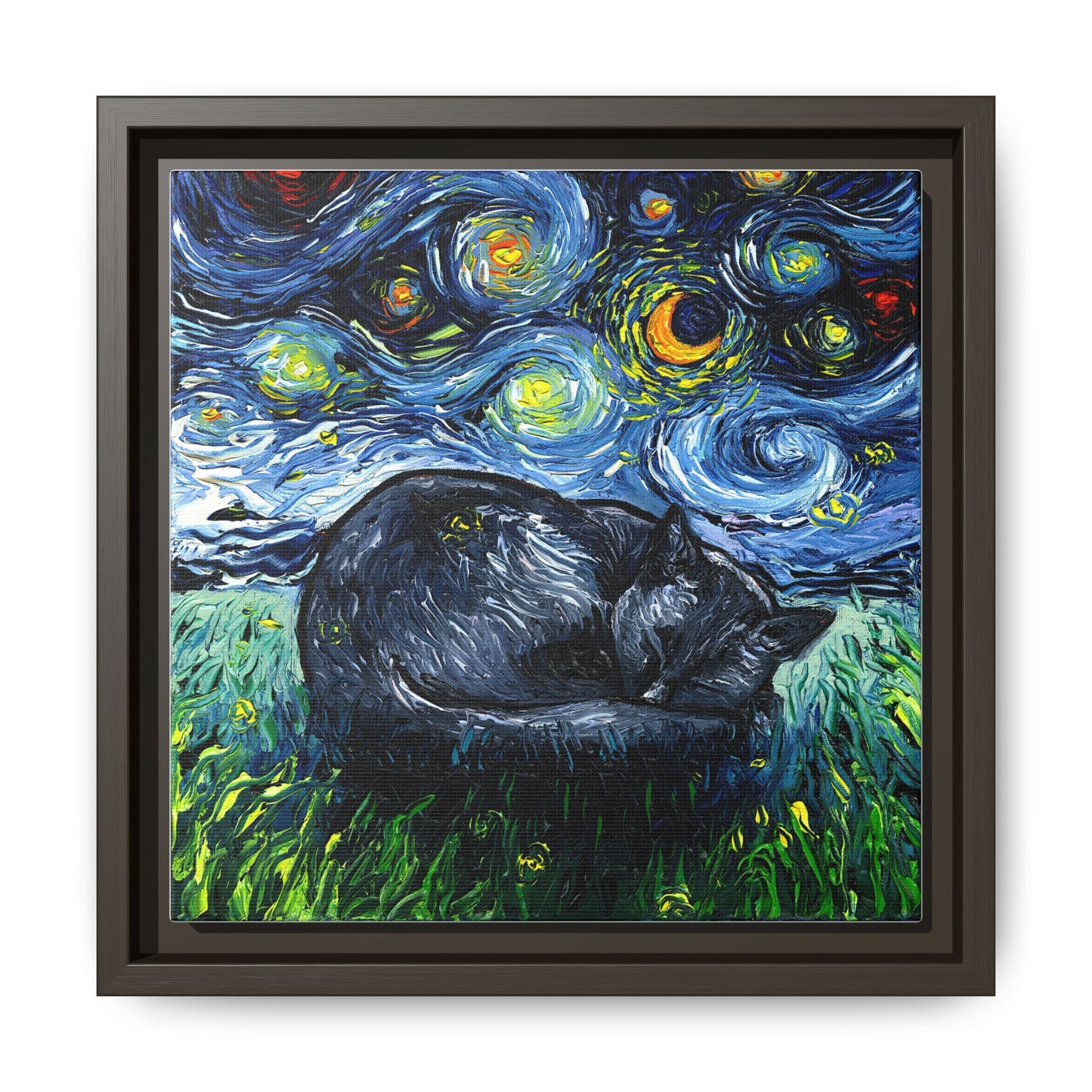 "Sleepy Black Cat Night" Framed Canvas Wall Art