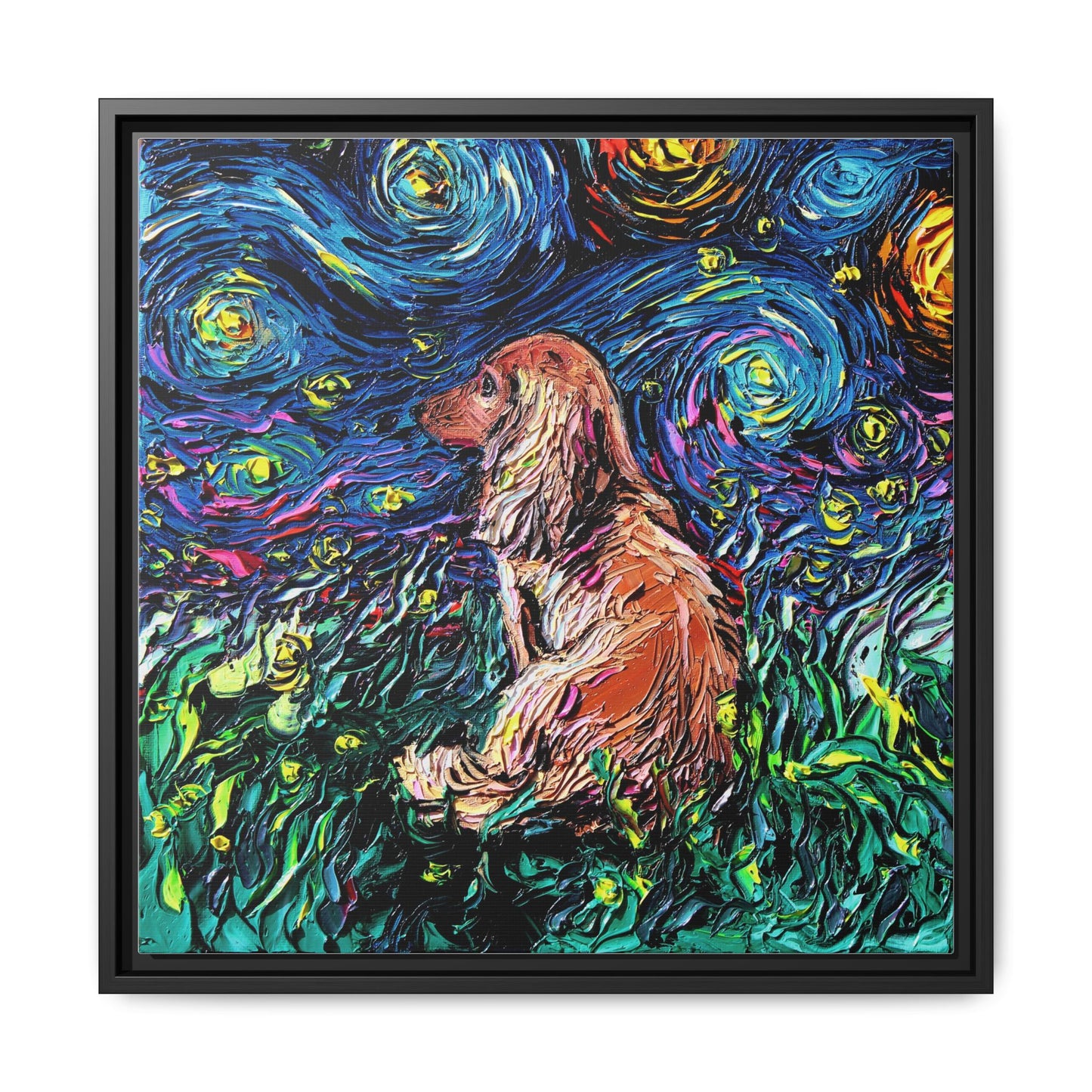 "Long Haired Brown Dachshund Night" Framed Canvas Wall Art