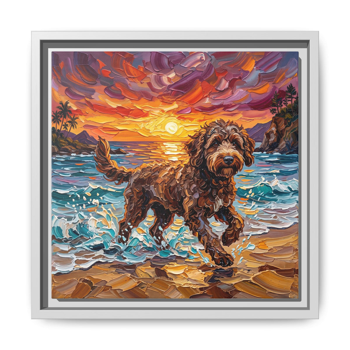 "Beach Day - Brown Goldendoodle" Framed Canvas Wall Art