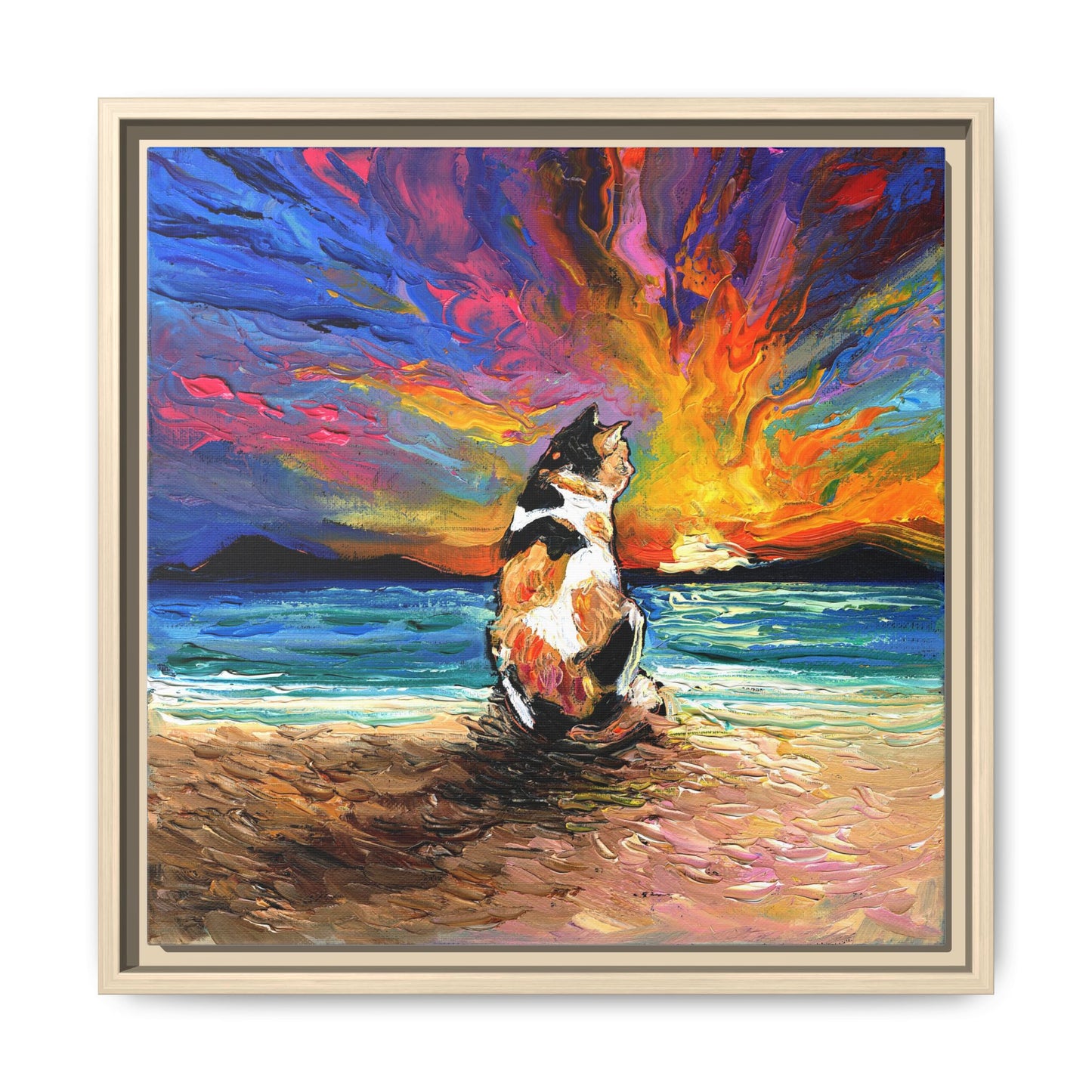 "Beach Day - Calico Cat" Framed Canvas Wall Art