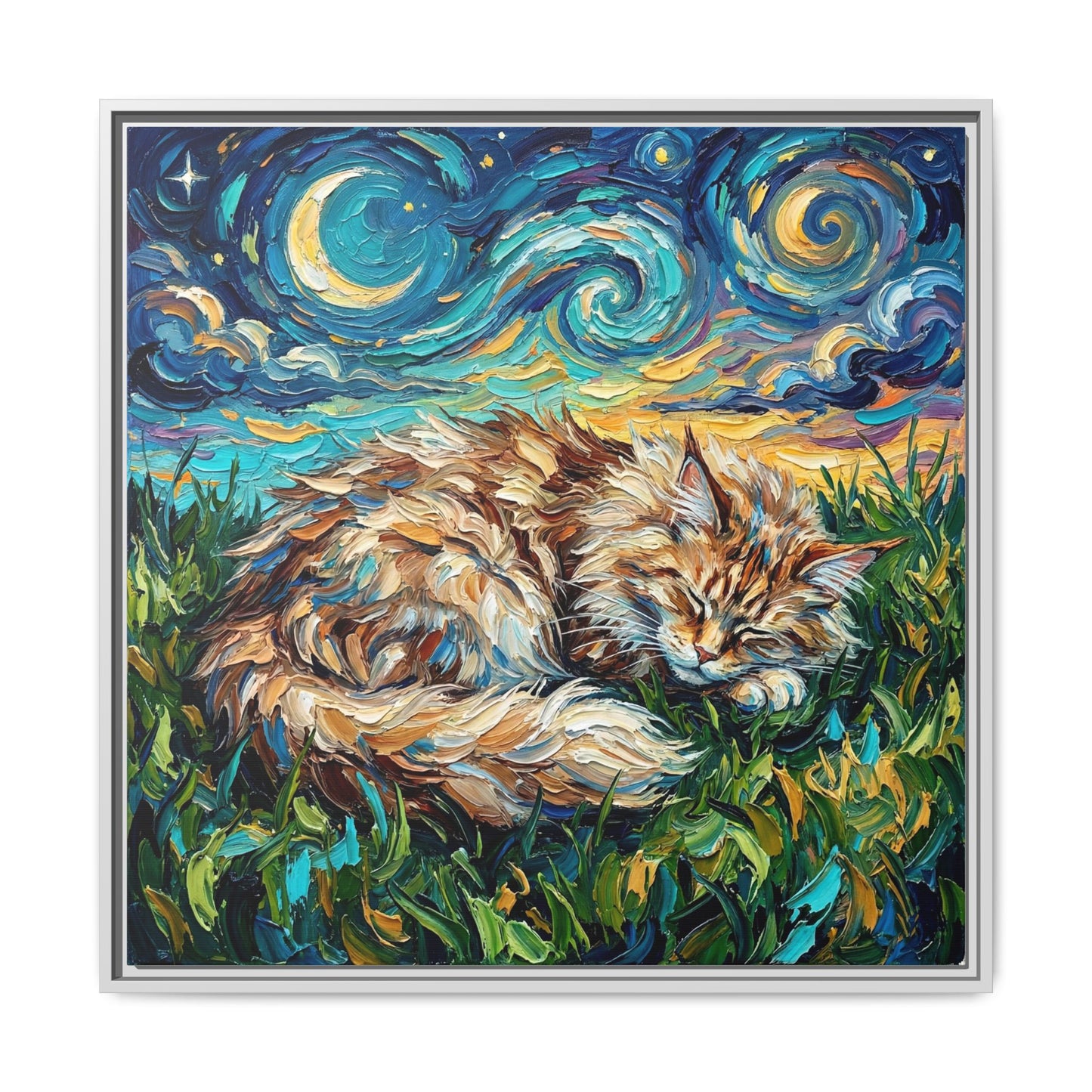"Sleepy Maine Coon Night" Framed Canvas Wall Art