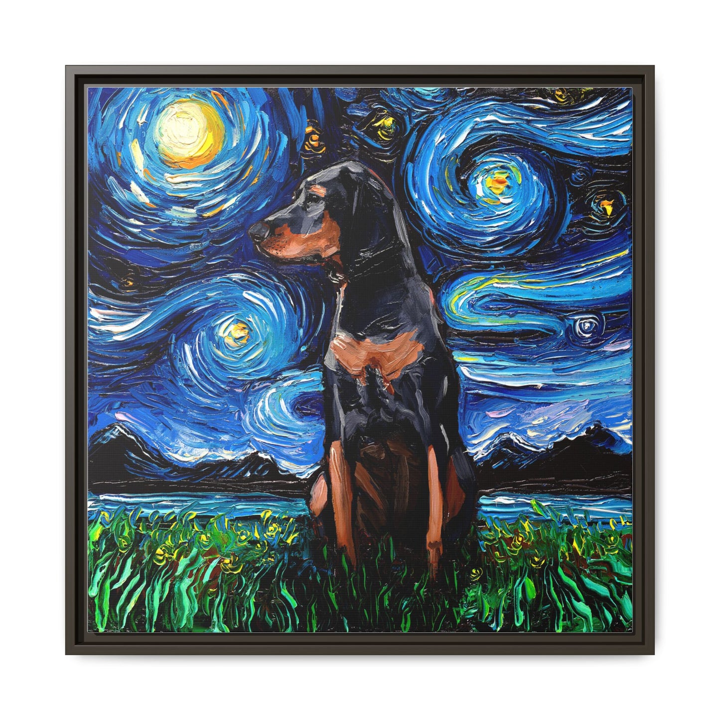 "Black and Tan Coonhound Night" Framed Canvas Wall Art