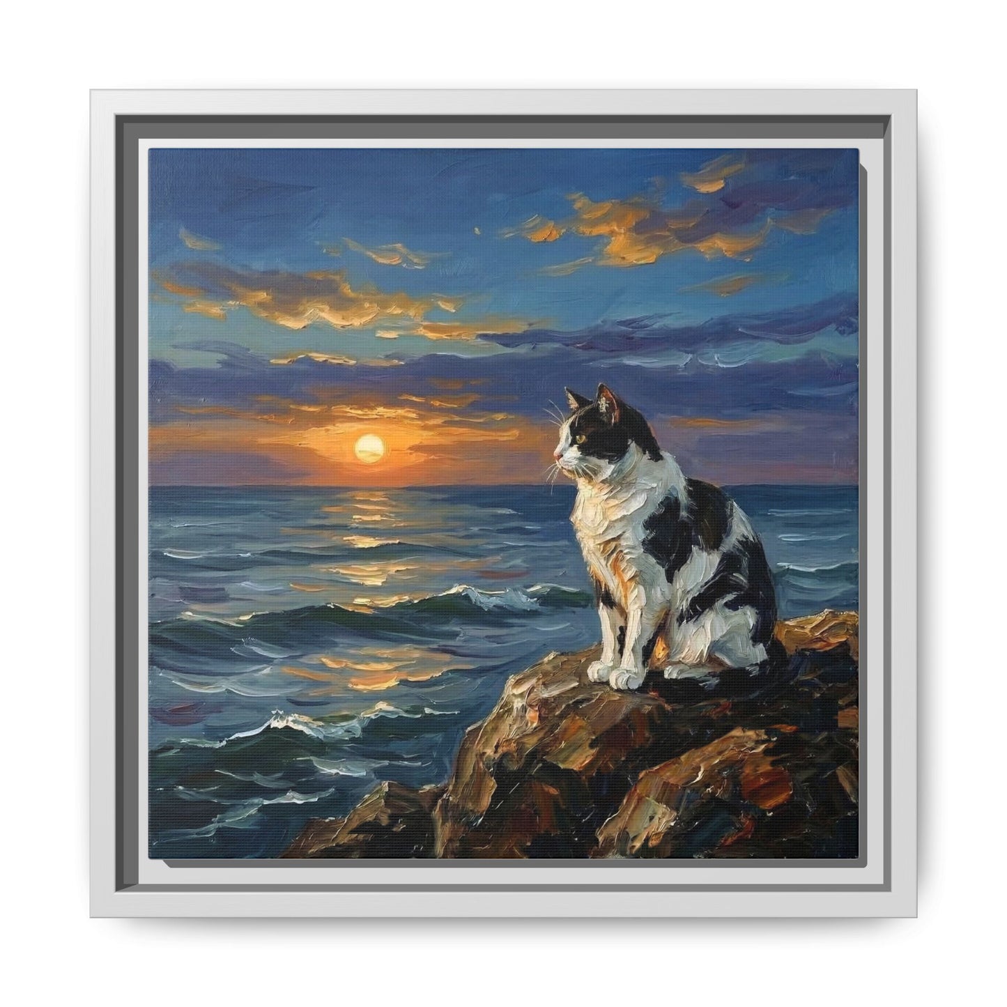 "Beach Day - Magpie Cat" Framed Canvas Wall Art