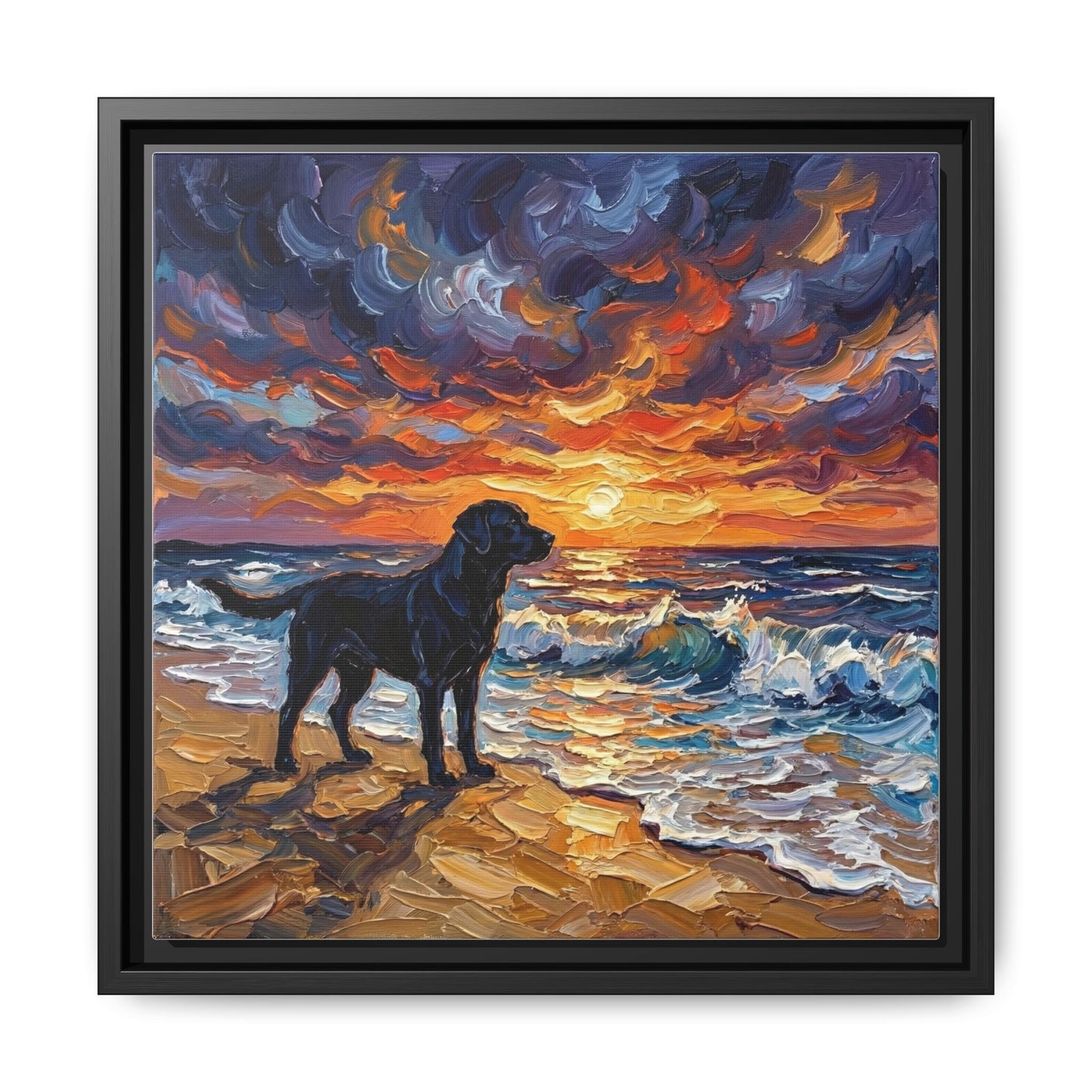 "Beach Sunset - Black Labrador" Framed Canvas Wall Art