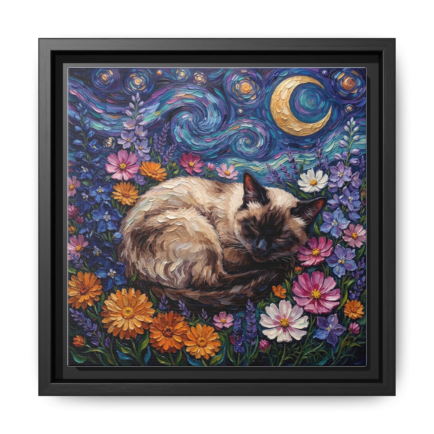 "Amongst The Flowers - Siamese Cat" Framed Canvas Wall Art