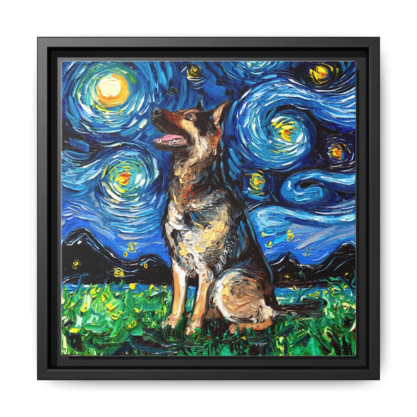 "German Shepherd Night" Framed Canvas Wall Art