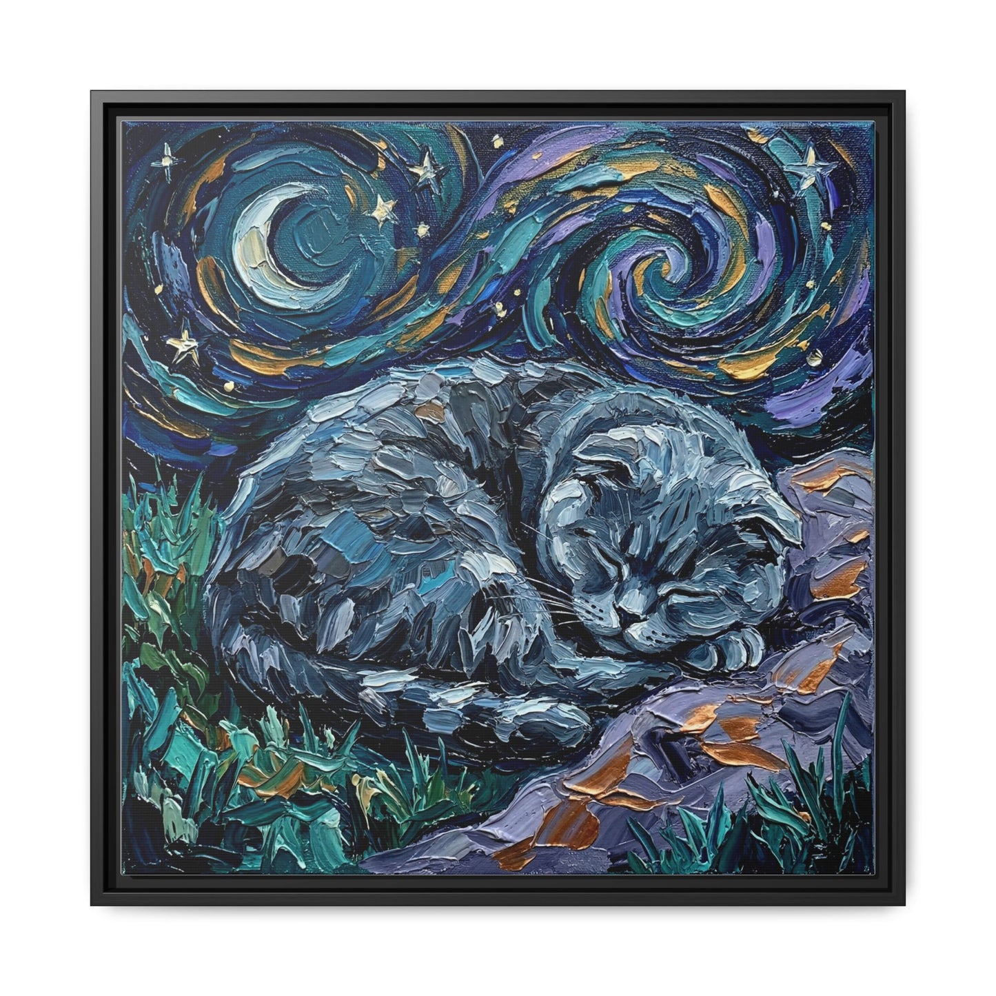 "Sleepy Scottish Fold Night" Framed Canvas Wall Art