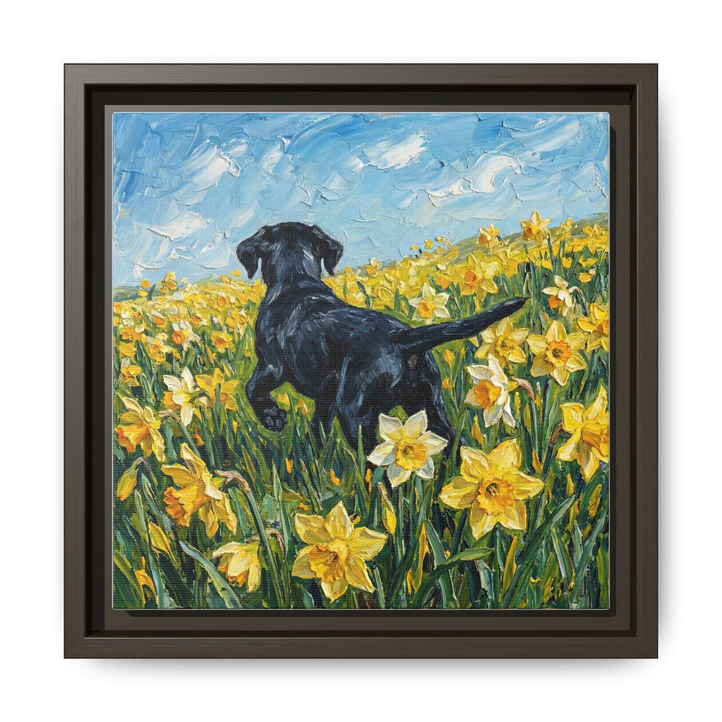 "Amongst The Flowers - Black Labrador" Framed Canvas Wall Art