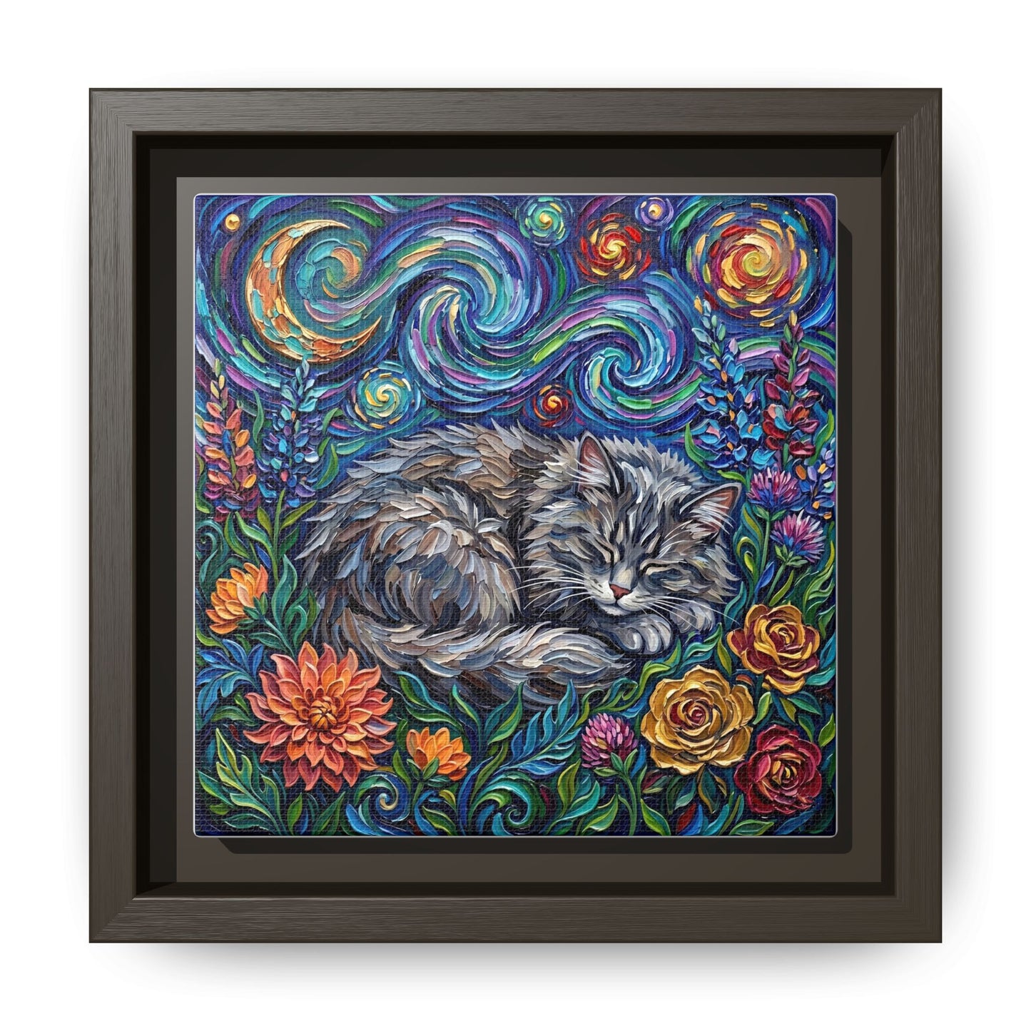 "Amongst The Flowers - Gray Domestic Long Haired Cat" Framed Canvas Wall Art