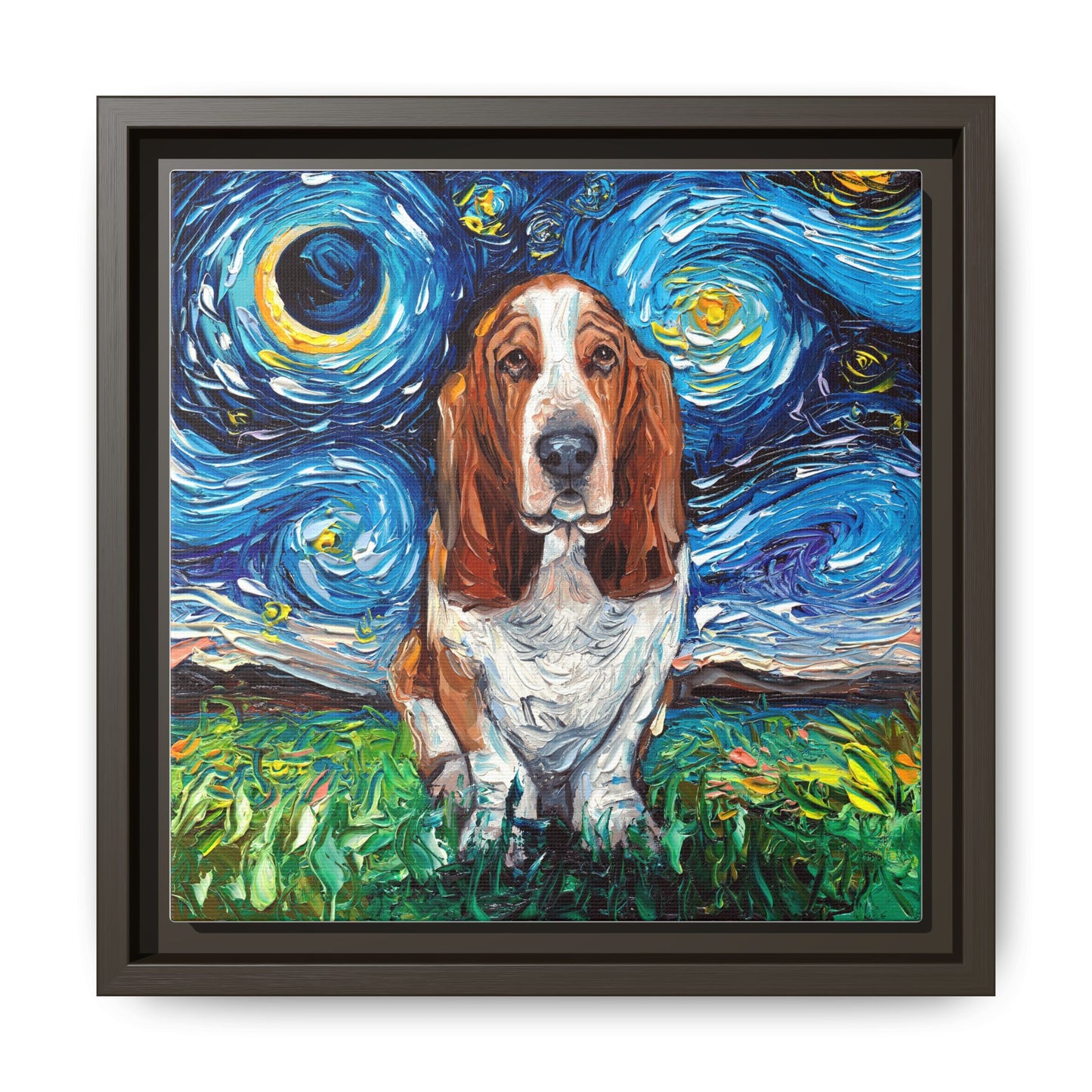 "Basset Hound Night" Framed Canvas Wall Art