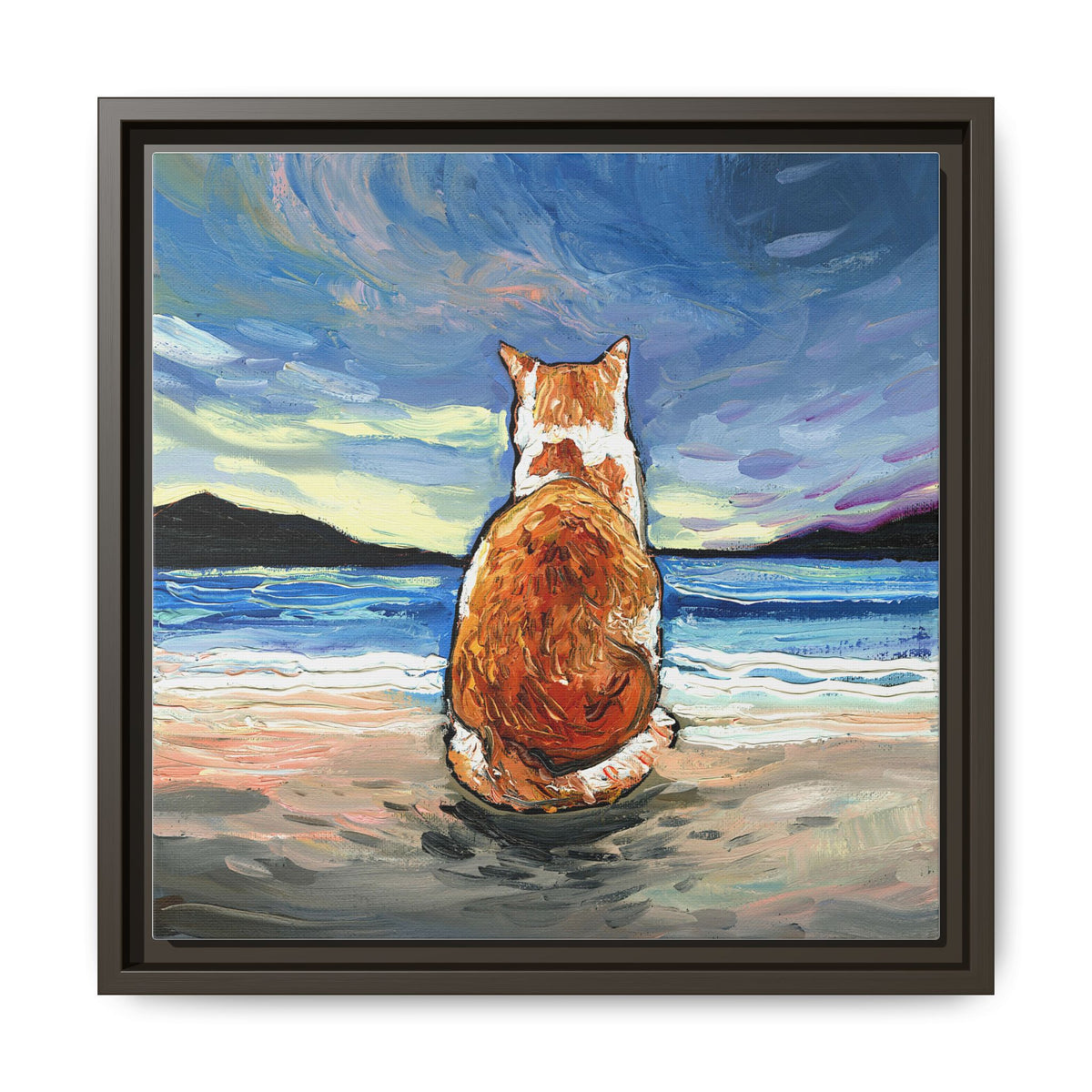 "Beach Day - Orange and White Tabby Cat" Framed Canvas Wall Art