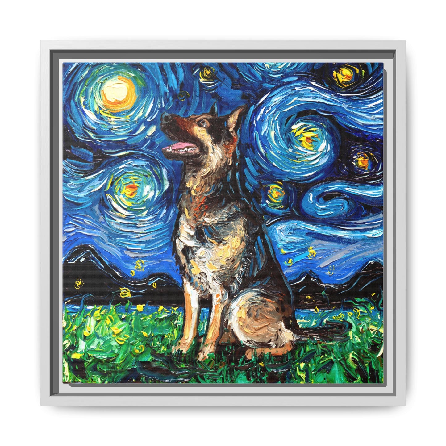 "German Shepherd Night" Framed Canvas Wall Art