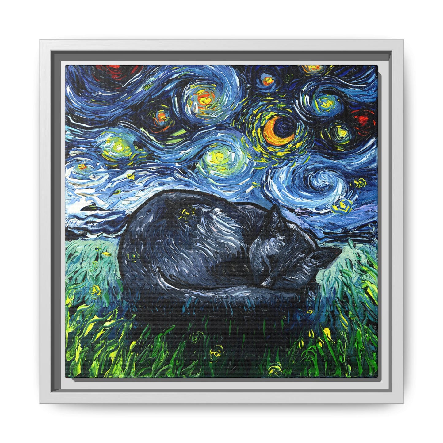 "Sleepy Black Cat Night" Framed Canvas Wall Art