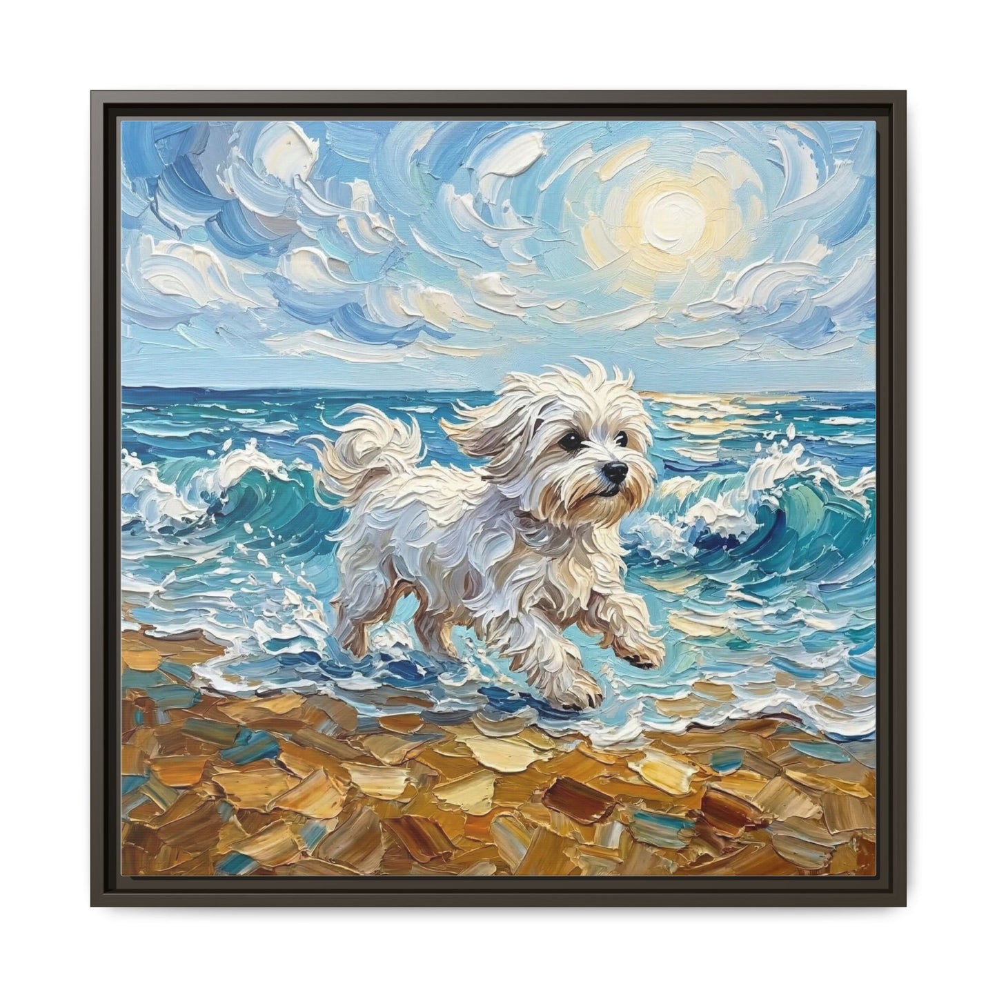 "Beach Day - Maltese" Framed Canvas Wall Art
